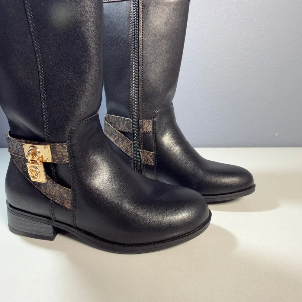 Michael Kors Finely Hamilton Boots Kids 11 Black Excellent Riding Padlock Logo